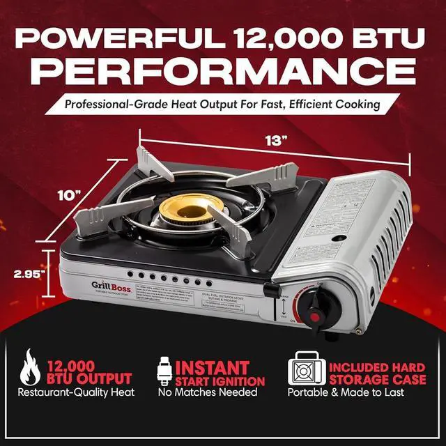 Alt view image 3 of 7 - Grill Boss Dual Fuel Camp Stove - 12,000 BTU Butane & Propane Portable Stoves for Camping, Emergencies, BBQ, Hiking & Backpacking - Double Wind Guard, Instant Piezo Ignition System - 90057