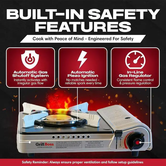 Alt view image 4 of 7 - Grill Boss Dual Fuel Camp Stove - 12,000 BTU Butane & Propane Portable Stoves for Camping, Emergencies, BBQ, Hiking & Backpacking - Double Wind Guard, Instant Piezo Ignition System - 90057