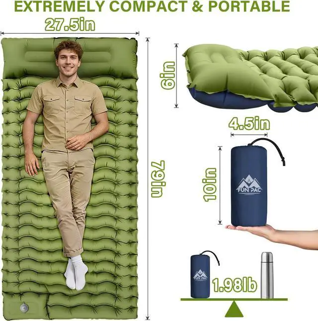 Alt view image 2 of 7 - FUN PAC Camping Sleeping Pad, Ultralight Camping Mat with Pillow, Built-in Foot Pump Inflatable Sleeping Pads Compact for Camping Backpacking Hiking Traveling Tent,Single,Green