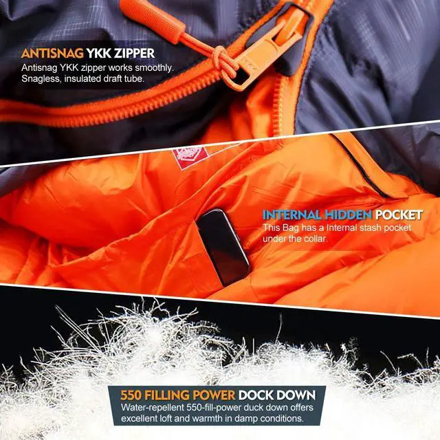 Alt view image 3 of 7 - ZOOOBELIVES 10 Degree Down Sleeping Bag for Adults, 4-Season Cold-Weather Mummy Bag, Roomy Fit, 550+ Fill Power Warmth, Lightweight & Compressible for Car Camping, Backpacking & Hunting - AlpliveD1500