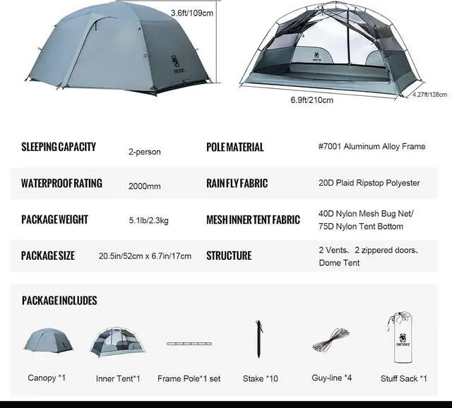 Alt view image 4 of 7 - OneTigris COSMITTO 2 Person Backpacking Tent Shelter- Free Standing Lightweight Waterproof 3 Season Camping Tent for Outdoor Hiking Mountaineering