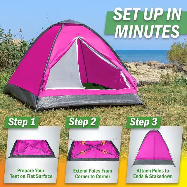 Alt view image 7 of 7 - 2 Person Camping Tent with Rain Fly and Carrying Bag - Lightweight Outdoor Pop Up Tents for Camping Essentials, Music Festivals, Backpacking, Hiking, or Beach Shelter by Wakeman Outdoors