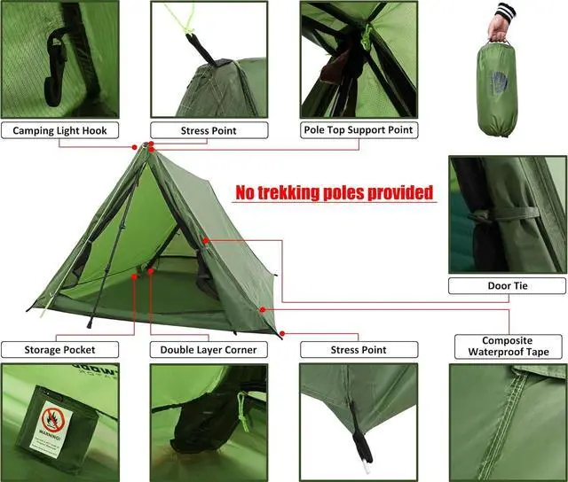 Alt view image 5 of 7 - 2 Person Trekking Pole Tent, Ultralight Camping Backpacking Tent (NO Poles) | A-Frame, Two Person Tent, Waterproof, Lightweight 3.2 lbs, 3-Season, Outdoor Hiking Tent for Scout, Poles NOT Included