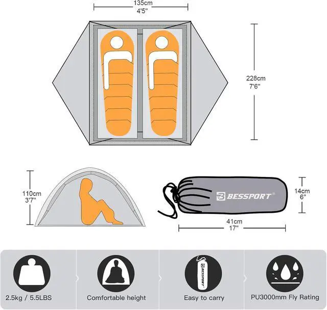 Alt view image 2 of 7 - Camping Tent for 2-3 Person, Lightweight Backpacking Tent Waterproof Windproof Two Doors Easy Setup Double Layer Outdoor Tents for 3 to 4 Seasons, Suitable for Outdoor,Hiking,Camping