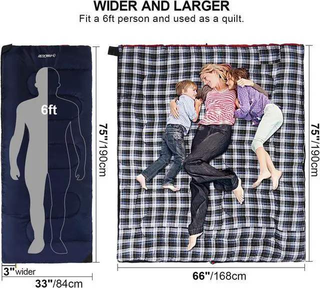 Alt view image 2 of 7 - REDCAMP Cotton Flannel Sleeping Bag for Camping Backpacking, Adults Cold Weather Envelope Sleeping Bags with 2/3/4/6lbs Filling