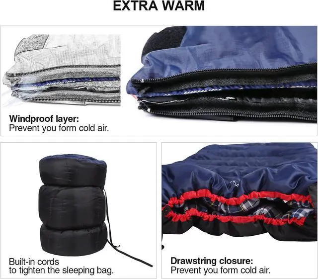 Alt view image 4 of 7 - REDCAMP Cotton Flannel Sleeping Bag for Camping Backpacking, Adults Cold Weather Envelope Sleeping Bags with 2/3/4/6lbs Filling