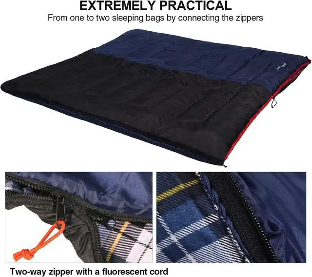 Alt view image 5 of 7 - REDCAMP Cotton Flannel Sleeping Bag for Camping Backpacking, Adults Cold Weather Envelope Sleeping Bags with 2/3/4/6lbs Filling