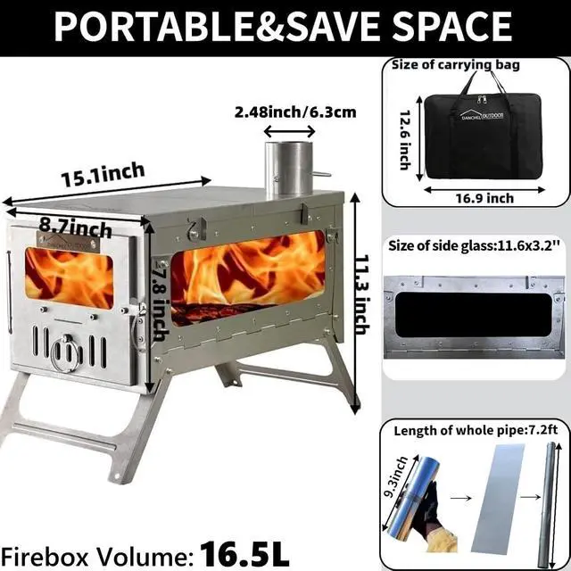 Alt view image 5 of 7 - TSG Portable TA1 Titanium Tent Wood Stove for Backpacking Camping, Collapsible Hot Tent Stove Rollable Chimney Pipe Cooking Hiking (Small/Large)