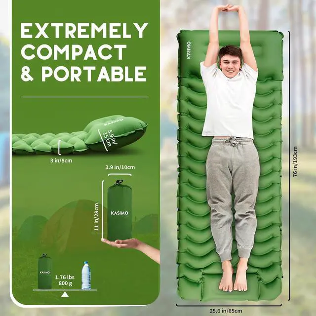 Alt view image 3 of 7 - KASIMO Camping Sleeping Pad, Ultralight Camping Mat with Pillow Foot Pump | Inflatable Sleeping Pads Compact for Camping Backpacking Hiking Traveling Tents