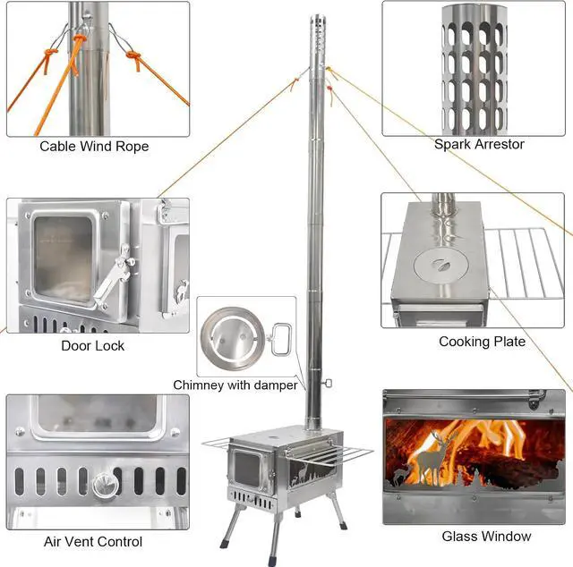 Alt view image 3 of 7 - GreyHoo Camping Wood Stove with Chimney for Cooking & Heating | Stainless Steel, Portable with Pipe, for Tent Hiking Fishing Backpacking, Easy Assembly, Durable Outdoor Use