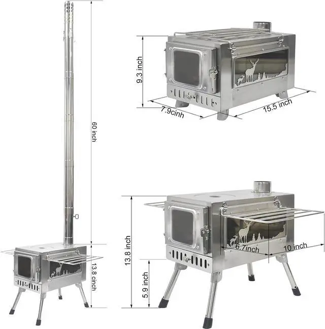 Alt view image 4 of 7 - GreyHoo Camping Wood Stove with Chimney for Cooking & Heating | Stainless Steel, Portable with Pipe, for Tent Hiking Fishing Backpacking, Easy Assembly, Durable Outdoor Use