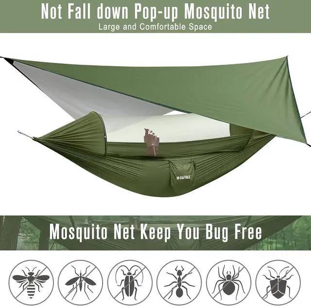 Alt view image 2 of 7 - G4Free Large Camping Hammock for Outside with Mosquito Net and Rain Fly | Up to 440lb Portable Hammock with Bug Net, Tree Straps, Tent Tarp for Outdoor Hiking Camping Backpacking Travel(Army Green)