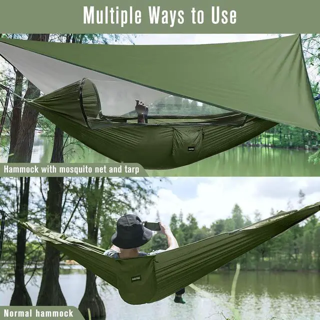 Alt view image 4 of 7 - G4Free Large Camping Hammock for Outside with Mosquito Net and Rain Fly | Up to 440lb Portable Hammock with Bug Net, Tree Straps, Tent Tarp for Outdoor Hiking Camping Backpacking Travel(Army Green)