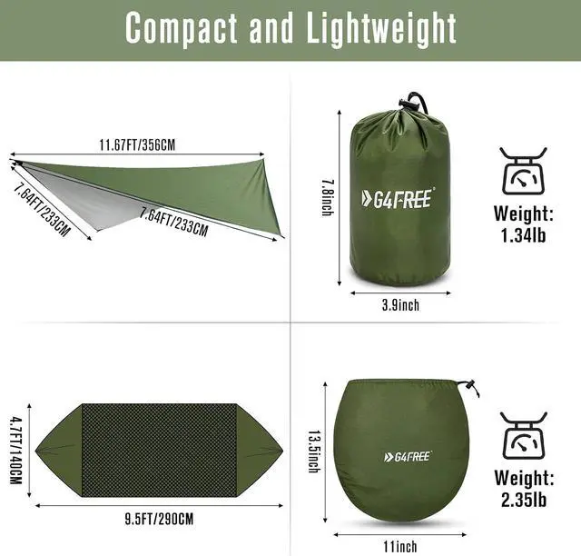 Alt view image 5 of 7 - G4Free Large Camping Hammock for Outside with Mosquito Net and Rain Fly | Up to 440lb Portable Hammock with Bug Net, Tree Straps, Tent Tarp for Outdoor Hiking Camping Backpacking Travel(Army Green)