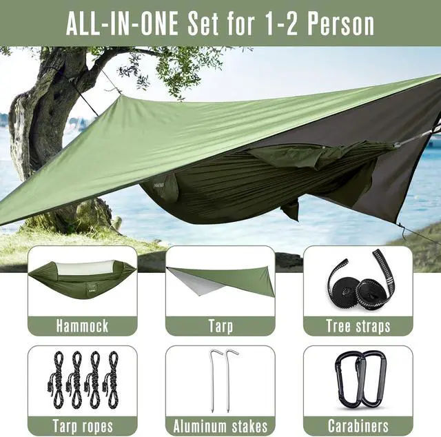 Alt view image 6 of 7 - G4Free Large Camping Hammock for Outside with Mosquito Net and Rain Fly | Up to 440lb Portable Hammock with Bug Net, Tree Straps, Tent Tarp for Outdoor Hiking Camping Backpacking Travel(Army Green)