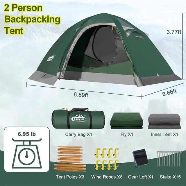 Alt view image 6 of 7 - 2 Person Backpacking Tent, Waterproof 4 Season Tent, Windproof Cold Weather Winter Tent for Camping, Hiking, Hunting, Cycling
