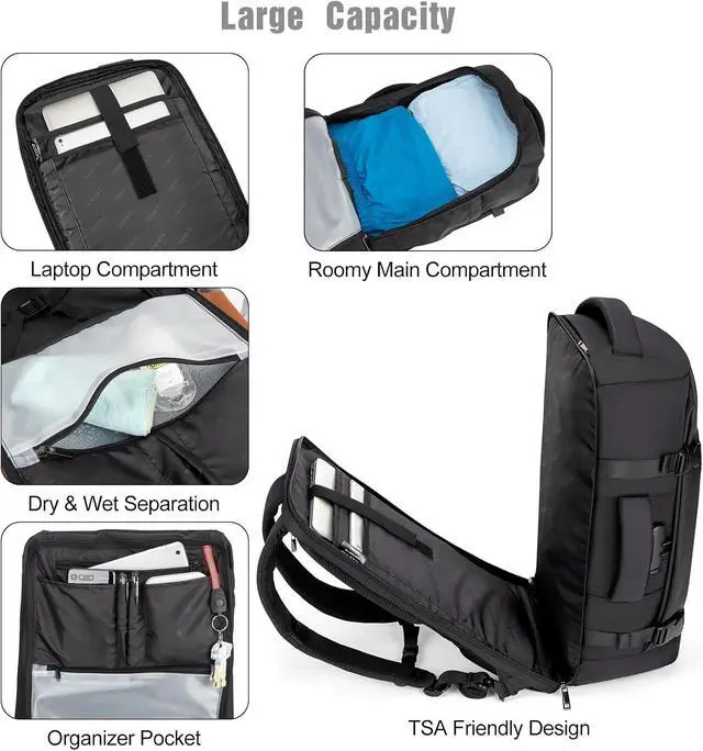 Alt view image 3 of 7 - Tzowla 40L Expandable Travel Laptop Backpack for Men Women Carry on Flight Approved,Large Capacity Anti Theft Backpacks with Giant Tumbler Holder Pocket,Personal Item Bag Fit 17.3" ComputerBlack