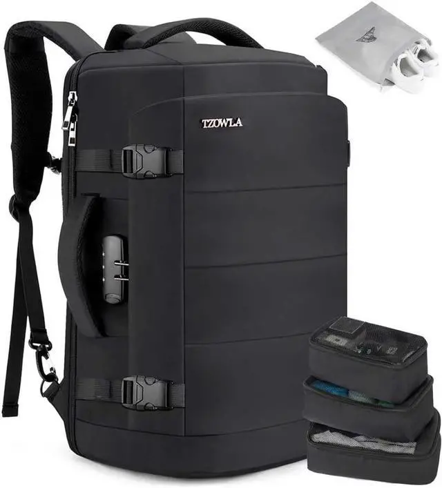 Main image of Tzowla 40L Expandable Travel Laptop Backpack for Men Women Carry on Flight Approved,Large Capacity Anti Theft Backpacks with Giant Tumbler Holder Pocket,Personal Item Bag Fit 17.3" ComputerBlack