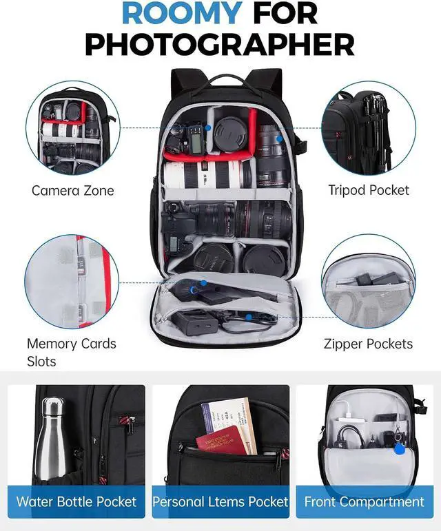 Alt view image 4 of 7 - BAGSMART Camera Bag for DSLR, Waterproof Camera Backpacks for Photographers, Camera Case with Laptop Compartment-15.6" Black