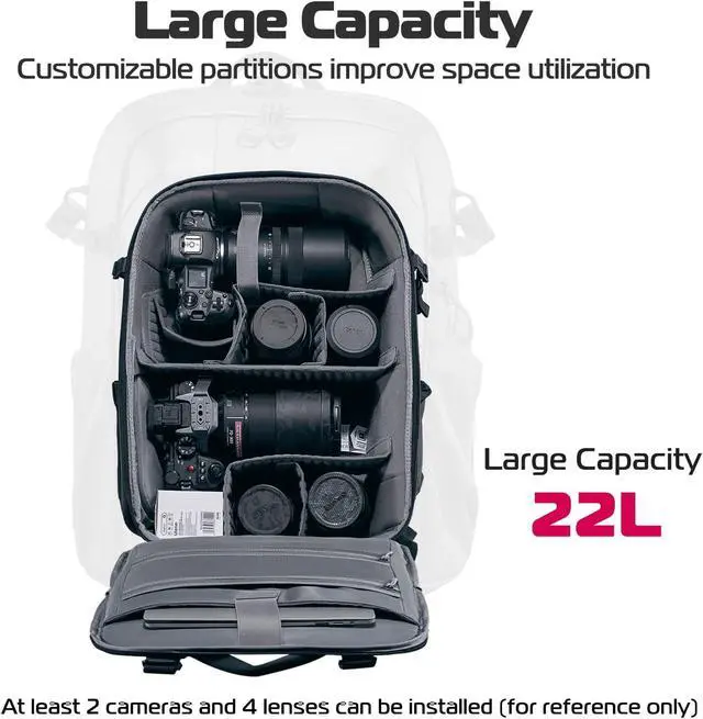 Alt view image 3 of 7 - ULANZI 22L Camera Backpack Professional Bag, Water-Resistant Camera Case | Photography Anti Theft Travel for Photographers DSLR Mirrorless Camera Lens Tripod Holder 16" Laptop Black