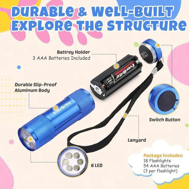 Alt view image 5 of 7 - EverBrite 18-Pack Mini LED Flashlight Set Portable Compact | Ideal for Hurricane Supplies Camping, Night Reading, Cycling, BBQ, Party, Backpacking,with Lanyard & 54 x AAA Batteries
