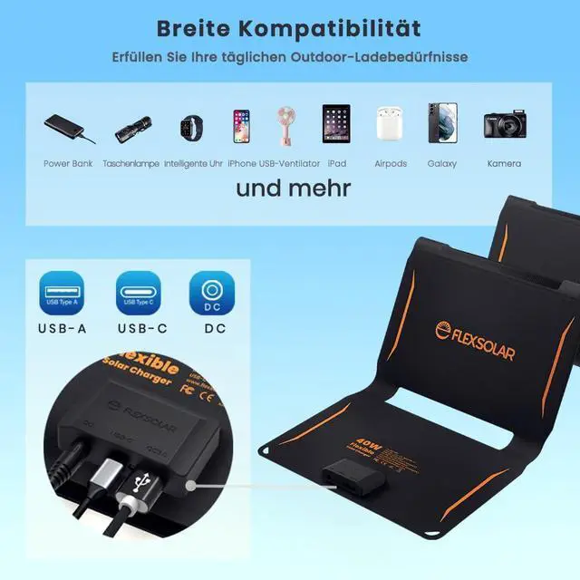 Alt view image 2 of 7 - FlexSolar 40W Foldable Solar Panel Charger, USB-C USB-A & DC Outputs | Waterproof portable solar charger for camping, hiking, backpacking; works with phones, power banks and tablets