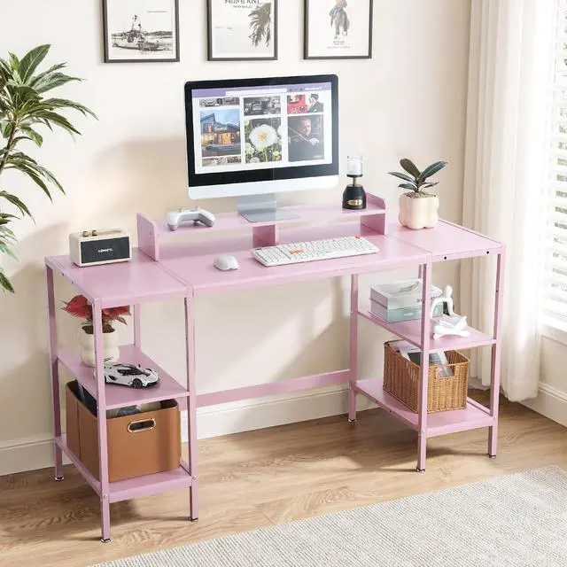 Alt view image 6 of 7 - Computer Desk 55-inch with Storage Shelf - Pink Ideal Gaming Desk for Bedrooms, Small Spaces, and Home Offices Modern Writing Desk for PCs.
