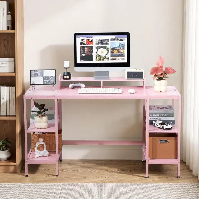 Alt view image 5 of 7 - Computer Desk 55-inch with Storage Shelf - Pink Ideal Gaming Desk for Bedrooms, Small Spaces, and Home Offices Modern Writing Desk for PCs.