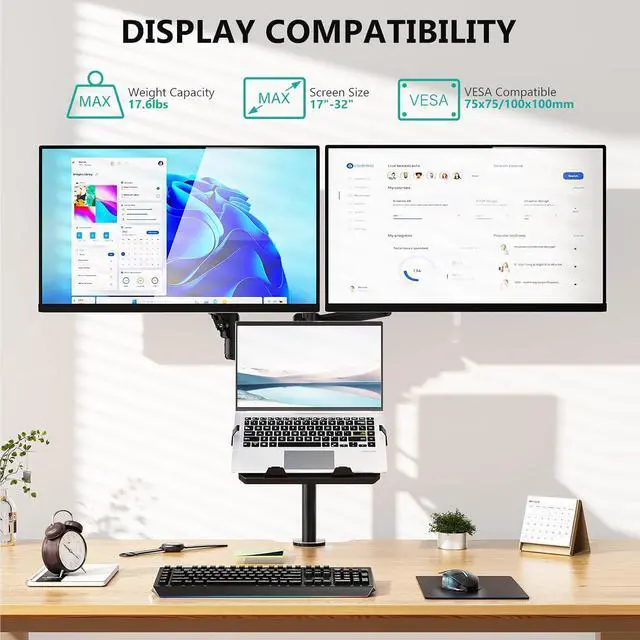 Alt view image 2 of 7 - WALI Dual Monitor and Laptop Stand for 17" Notebook and 32" Screens | 3-in-1 Adjustable Monitor Mount with Laptop Tray, Laptop Arm Mount for Desk, VESA 75x75 100x100, Black (GSDM003LP)