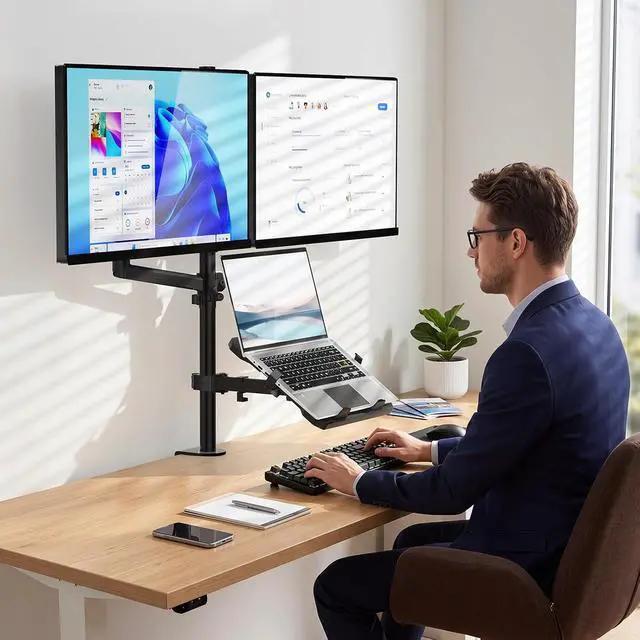 Alt view image 6 of 7 - WALI Dual Monitor and Laptop Stand for 17" Notebook and 32" Screens | 3-in-1 Adjustable Monitor Mount with Laptop Tray, Laptop Arm Mount for Desk, VESA 75x75 100x100, Black (GSDM003LP)