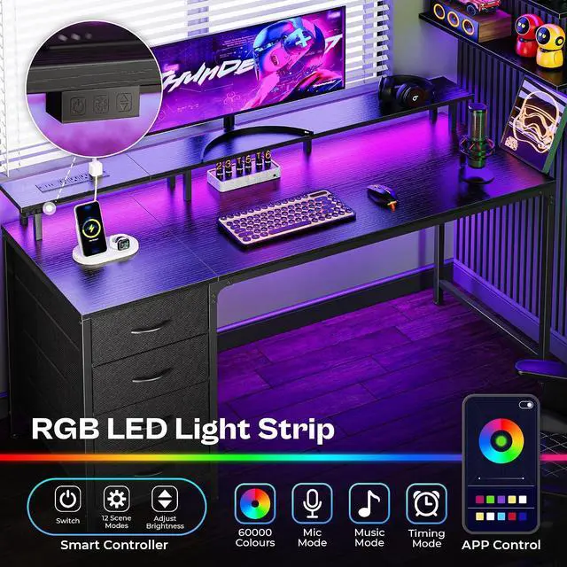 Alt view image 4 of 7 - Huuger 55 Inch Computer Desk with Power Outlets and LED Lights, Gaming Desk with 4 Drawers, Office Desk with Monitor Stand, Study Work Home Office, Black