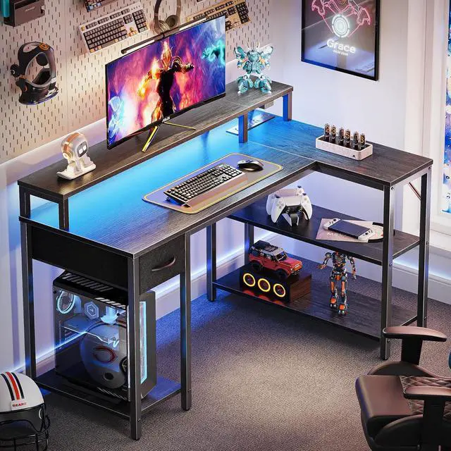 Alt view image 2 of 7 - SUPERJARE 47 inch Reversible L Shaped Desk with LED Lights & Power Outlets, Computer Desk with Shelves & Monitor Stand, Gaming Desk with Drawer, Home Office Desk Corner Desk, Grey