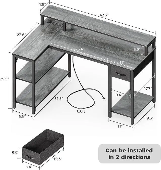 Alt view image 7 of 7 - SUPERJARE 47 inch Reversible L Shaped Desk with LED Lights & Power Outlets, Computer Desk with Shelves & Monitor Stand, Gaming Desk with Drawer, Home Office Desk Corner Desk, Grey