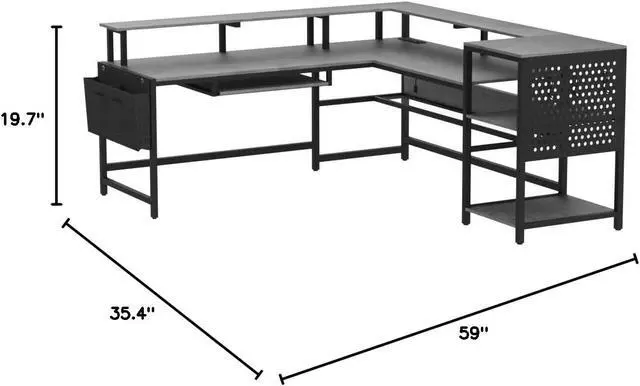 Alt view image 3 of 7 - SEDETA L Shaped Gaming Desk, Convertible 96" Home Office Desk or Corner Desk, L Shaped Table with Power Outlets & LED Strip, Monitor Stand, Keyboard Tray, Pegboard and Storage Shelves, Grey
