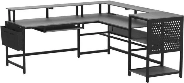 Alt view image 5 of 7 - SEDETA L Shaped Gaming Desk, Convertible 96" Home Office Desk or Corner Desk, L Shaped Table with Power Outlets & LED Strip, Monitor Stand, Keyboard Tray, Pegboard and Storage Shelves, Grey