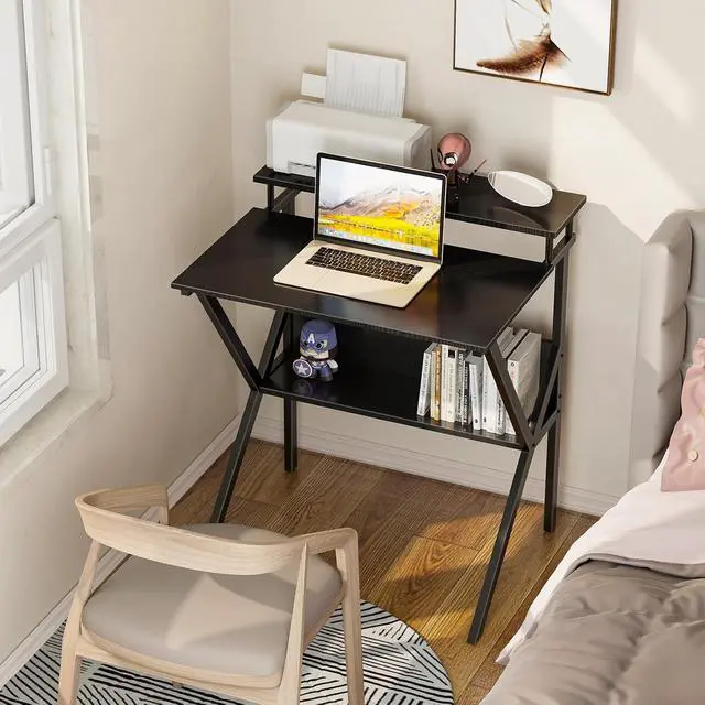 Alt view image 2 of 7 - ODK 27.5 Inch Small Desk with Storage & Monitor Stand, Black | Small Computer Desk for Small Spaces, Study Desk for Bedroom
