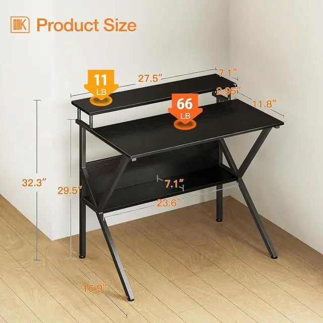 Alt view image 3 of 7 - ODK 27.5 Inch Small Desk with Storage & Monitor Stand, Black | Small Computer Desk for Small Spaces, Study Desk for Bedroom