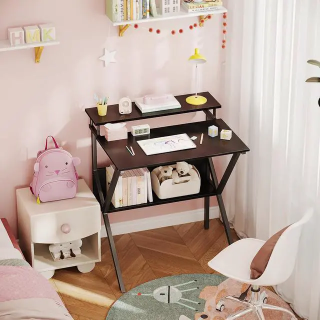 Alt view image 6 of 7 - ODK 27.5 Inch Small Desk with Storage & Monitor Stand, Black | Small Computer Desk for Small Spaces, Study Desk for Bedroom