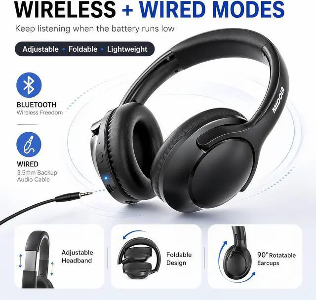 Alt view image 3 of 7 - Bluetooth Headphones Wireless 68H with Mic,Decent Sound-Acceptable Black | Adjustable Headband Foldable Over-Ear Lightweight for Office/Travel/Tablet/iPad/Laptop,HD Stereo Sound,Aux 3.5mm,Black