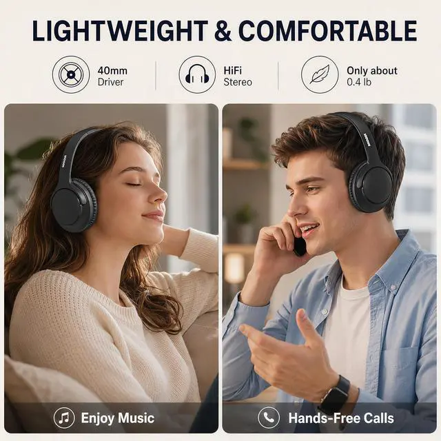 Alt view image 7 of 7 - Bluetooth Headphones Wireless 68H with Mic,Decent Sound-Acceptable Black | Adjustable Headband Foldable Over-Ear Lightweight for Office/Travel/Tablet/iPad/Laptop,HD Stereo Sound,Aux 3.5mm,Black