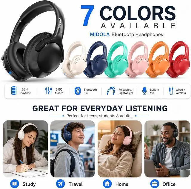 Alt view image 6 of 7 - Bluetooth Headphones Wireless 68H with Mic,Decent Sound-Acceptable Black | Adjustable Headband Foldable Over-Ear Lightweight for Office/Travel/Tablet/iPad/Laptop,HD Stereo Sound,Aux 3.5mm,Black