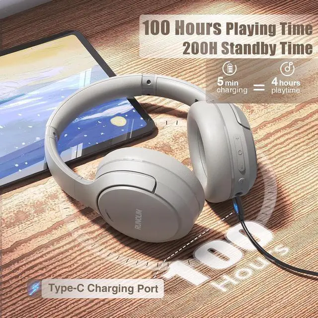 Alt view image 4 of 7 - RUNOLIM Active Noise Cancelling Headphones, Wireless Bluetooth Over Ear | 100H Playtime, Transparency Mode, Deep Bass Hi-Fi Stereo, Built-in Mic, Lightweight Comfort for Travel, Office and Home
