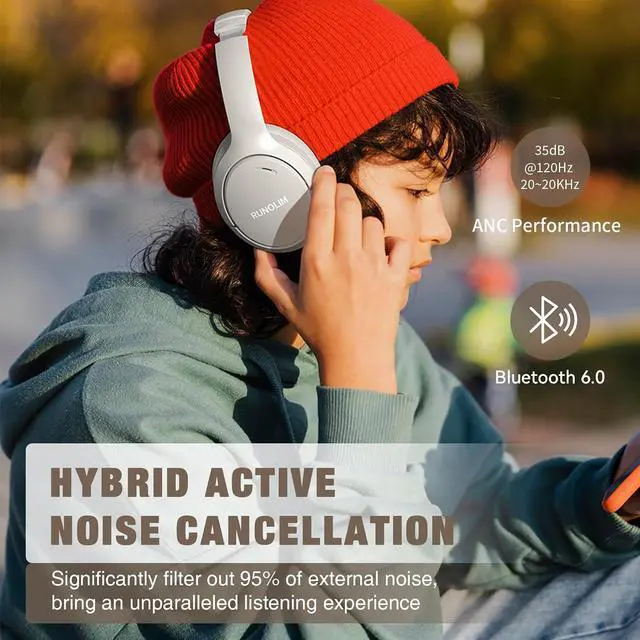 Alt view image 7 of 7 - RUNOLIM Active Noise Cancelling Headphones, Wireless Bluetooth Over Ear | 100H Playtime, Transparency Mode, Deep Bass Hi-Fi Stereo, Built-in Mic, Lightweight Comfort for Travel, Office and Home