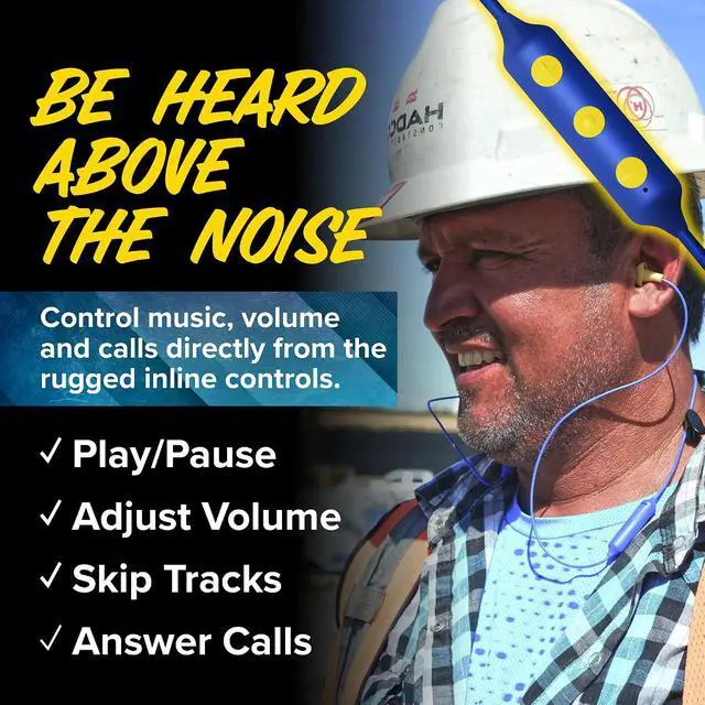 Alt view image 7 of 7 - Plugfones Basic Pro Bluetooth Earplug Headphones for Work, OSHA Compliant | 25dB NRR Hearing Protection Earplugs, Wireless Safety Earbuds, Noise Isolating Mic, Construction, Warehouse, Blue & Yellow