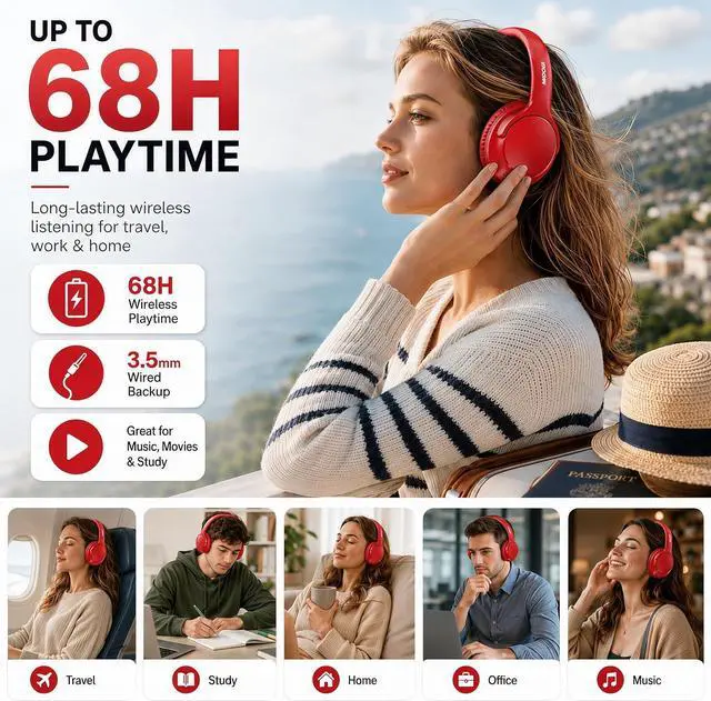 Alt view image 2 of 7 - Bluetooth Headphones Wireless 68H with Mic,Decent Sound-Acceptable Red | Adjustable Headband Foldable Over-Ear Lightweight for Office/Travel/Tablet/iPad/Laptop,HD Stereo Sound,Aux 3.5mm