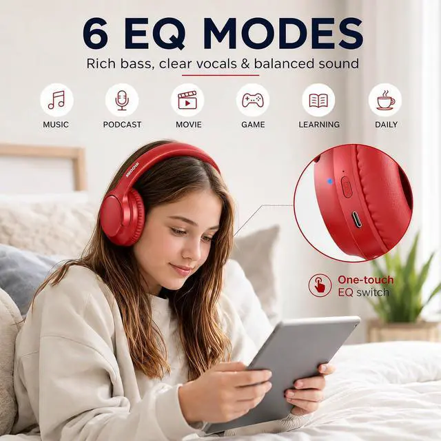 Alt view image 4 of 7 - Bluetooth Headphones Wireless 68H with Mic,Decent Sound-Acceptable Red | Adjustable Headband Foldable Over-Ear Lightweight for Office/Travel/Tablet/iPad/Laptop,HD Stereo Sound,Aux 3.5mm