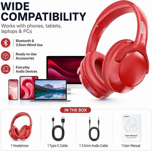 Alt view image 5 of 7 - Bluetooth Headphones Wireless 68H with Mic,Decent Sound-Acceptable Red | Adjustable Headband Foldable Over-Ear Lightweight for Office/Travel/Tablet/iPad/Laptop,HD Stereo Sound,Aux 3.5mm