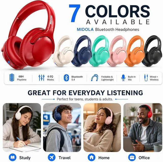Alt view image 6 of 7 - Bluetooth Headphones Wireless 68H with Mic,Decent Sound-Acceptable Red | Adjustable Headband Foldable Over-Ear Lightweight for Office/Travel/Tablet/iPad/Laptop,HD Stereo Sound,Aux 3.5mm