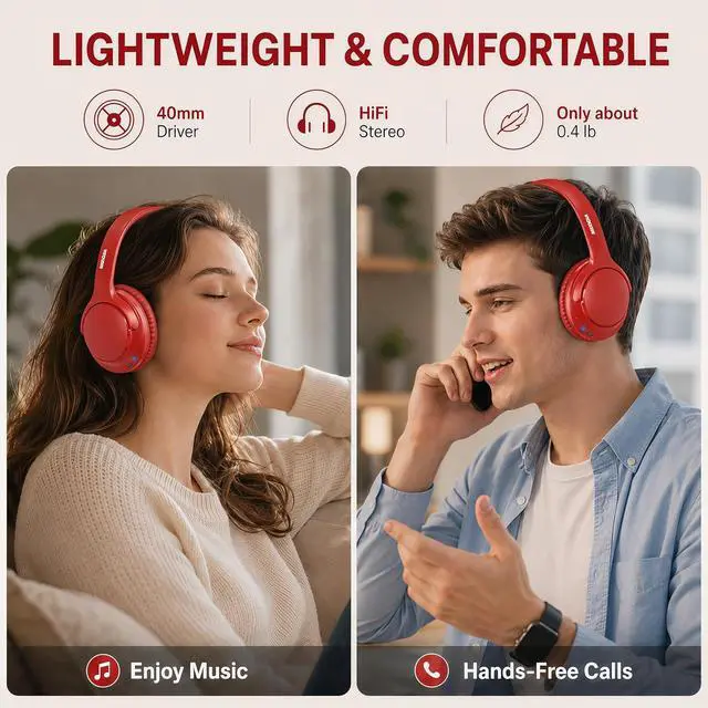Alt view image 7 of 7 - Bluetooth Headphones Wireless 68H with Mic,Decent Sound-Acceptable Red | Adjustable Headband Foldable Over-Ear Lightweight for Office/Travel/Tablet/iPad/Laptop,HD Stereo Sound,Aux 3.5mm