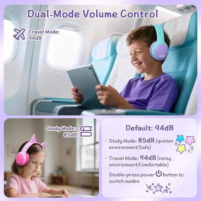 Alt view image 2 of 7 - Kids Bluetooth Headphones, Over-Ear Toddler Headphones with Microphone, 85dB/94dB Volume Limited, 68H Playtime, Bluetooth 6.0, Portable Kids Wireless Headset with Cat Ears (Purple)
